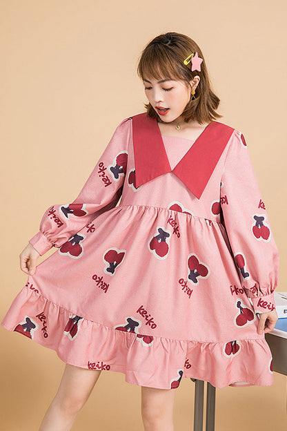 Lolita Dress - Lapel Collar Sleeved Cherry, Pink, Sweet Style, Bow Detail, Ruffled - additional product view 4