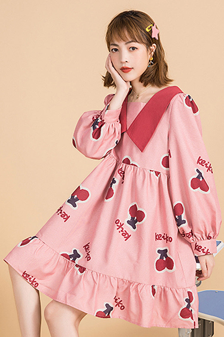 Lolita Dress - Lapel Collar Sleeved Cherry, Pink, Sweet Style, Bow Detail, Ruffled - additional product view 5