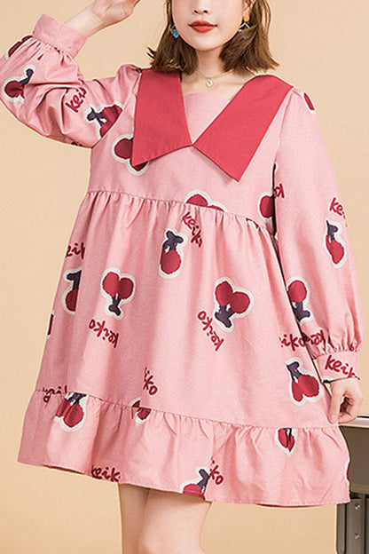 Lolita Dress - Lapel Collar Sleeved Cherry, Pink, Sweet Style, Bow Detail, Ruffled - main product image