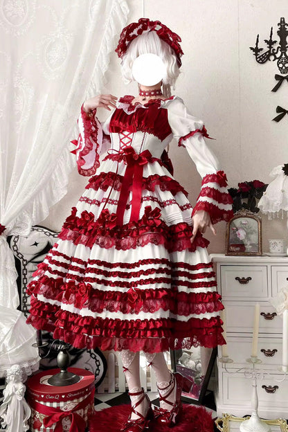 Lolita Dress - Layered Red Velvet, 2 Colors, Long Length, Short Length, Bow Detail - additional product view 2