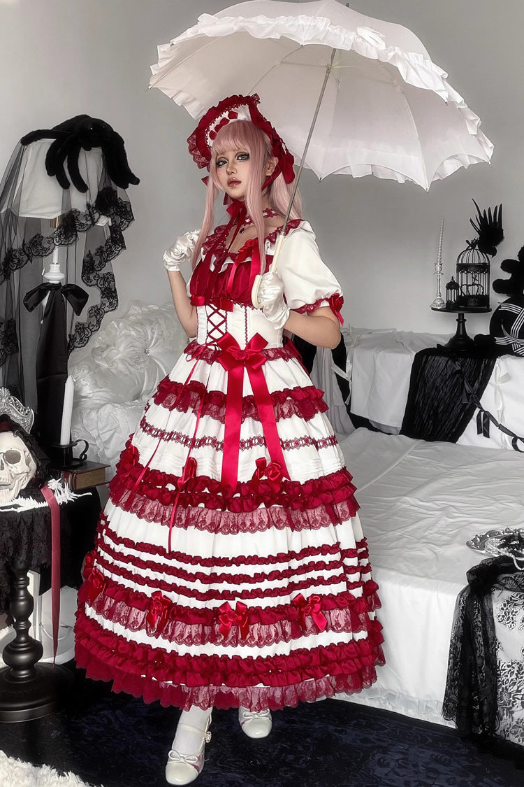 Lolita Dress - Layered Red Velvet, 2 Colors, Long Length, Short Length, Bow Detail - additional product view 7