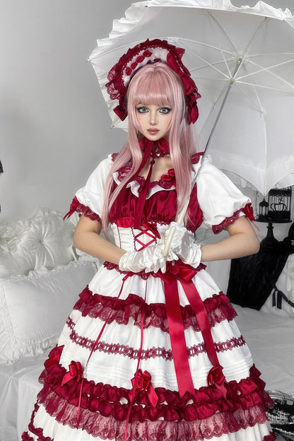 Lolita Dress - Layered Red Velvet, 2 Colors, Long Length, Short Length, Bow Detail - additional product view 8