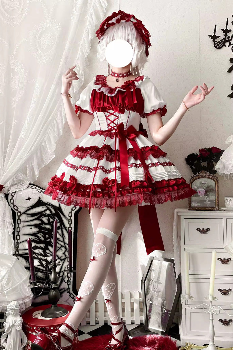 Lolita Dress - Layered Red Velvet, 2 Colors, Long Length, Short Length, Bow Detail - main product image