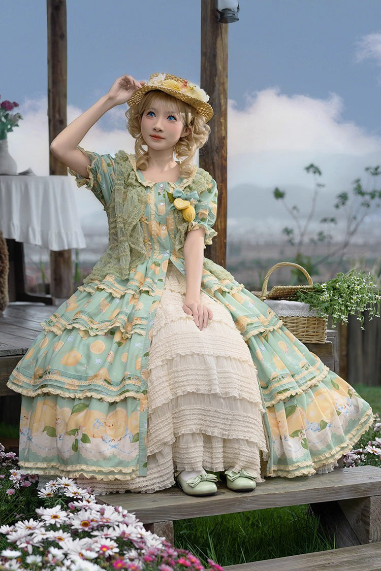 Lolita Dress - Lemon Chicken, Green, Lace Trim, Ruffled, Printed - additional product view 5
