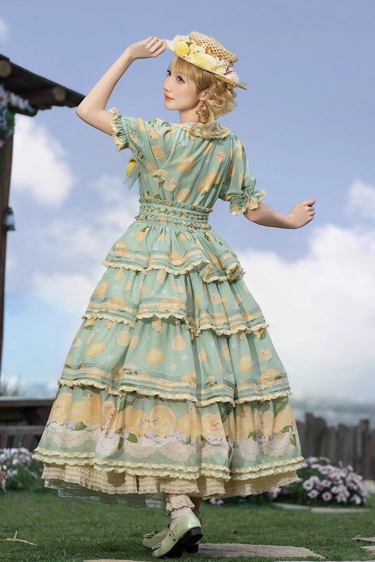 Lolita Dress - Lemon Chicken, Green, Lace Trim, Ruffled, Printed - additional product view 7