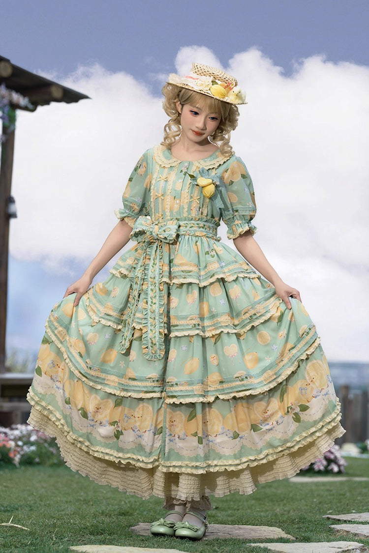 Lolita Dress - Lemon Chicken, Green, Lace Trim, Ruffled, Printed - main product image