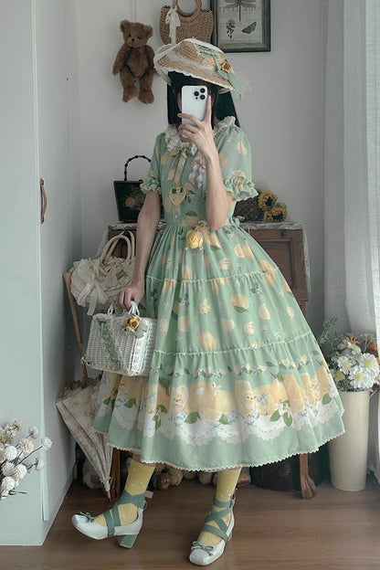 Lolita Dress - Lemon Chicken, Green, Printed, Sweet Style, Bow Detail - additional product view 7