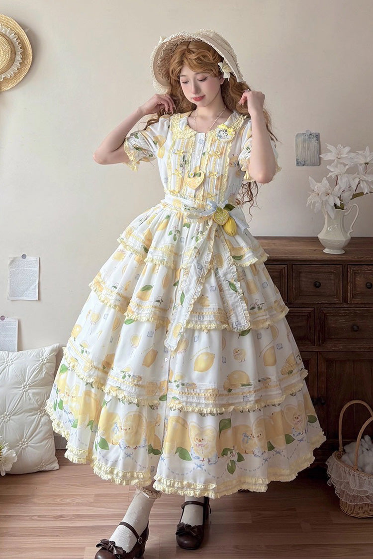 Lolita Dress - Lemon Chicken, White, Printed, Layered, Sweet Style - main product image