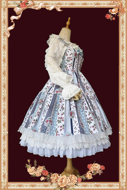 Lolita Dress - Light Blue Strawberry Plaid, Blue, Plaid, Ruffled, Printed - additional product view 4