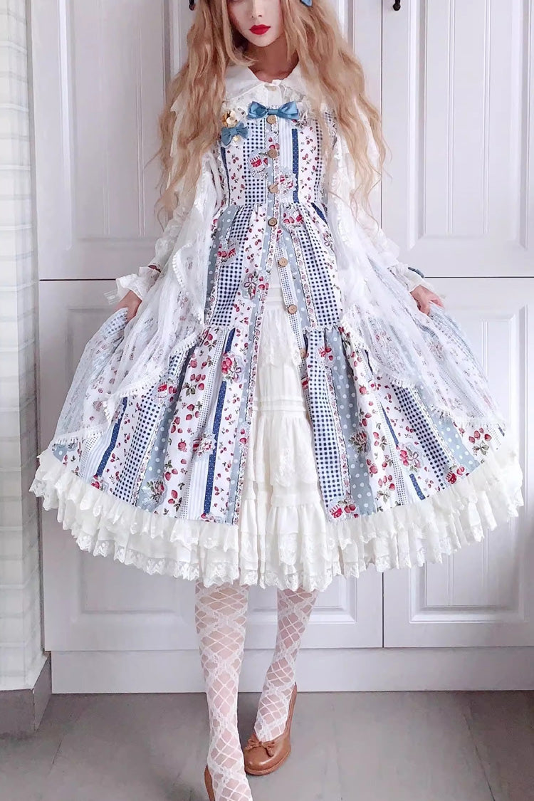 Lolita Dress - Light Blue Strawberry Plaid, Blue, Plaid, Ruffled, Printed - main product image