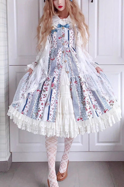 Lolita Dress - Light Blue Strawberry Plaid, Blue, Plaid, Ruffled, Printed - main product image