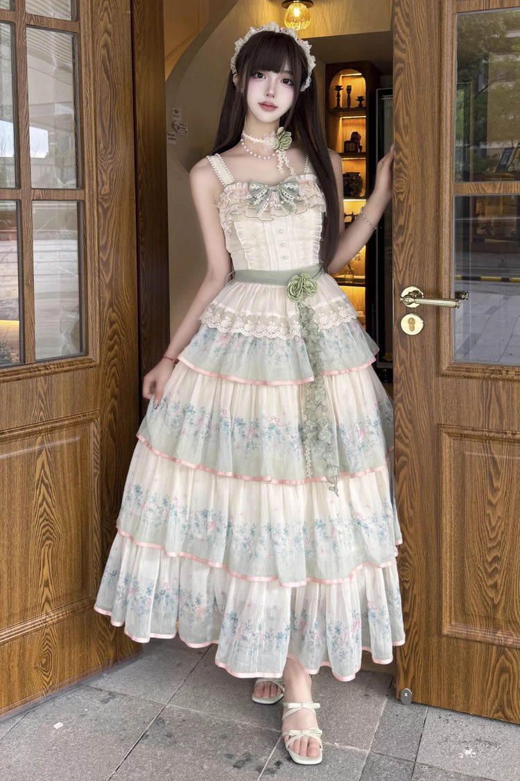 Lolita Dress - Lilac Thoughts, Green, Ruffled, Printed, Layered - main product image