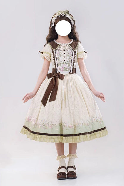 Lolita Dress - Lily, 2 Colors, Embroidered, Sweet Style, Bow Detail - S Green/Ivory Without-Embroidered-Basket / M Green/Ivory Without-Embroidered-Basket / L Green/Ivory Without-Embroidered-Basket option