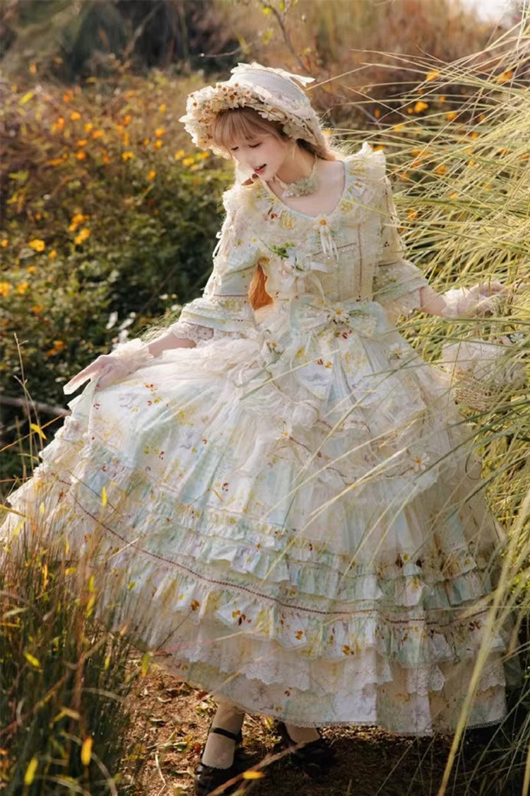 Lolita Dress - Little Daisy, Green, Plus Size, Printed, Layered - main product image