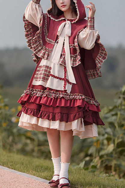 Lolita Dress - Little Red Riding Hood, Red, Ruffled, Long Sleeves, Sweet Style - main product image