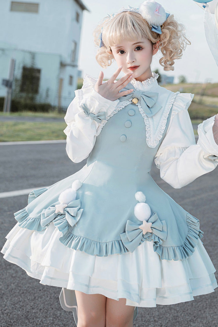 Lolita Dress - Magical Girl, 2 Colors, Bow Detail, Ruffled, Long Sleeves - S Blue/Pink / M Blue/Pink / L Blue/Pink option