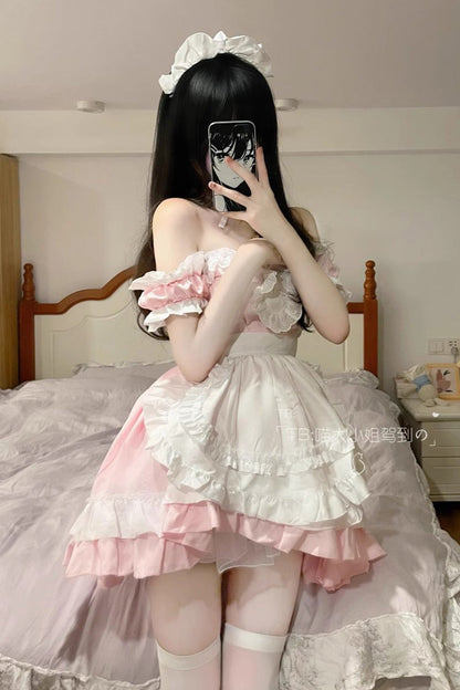Lolita Dress - Maid Off Shoulder, Pink, Plus Size, Sweet Style, Ruffled - additional product view 3