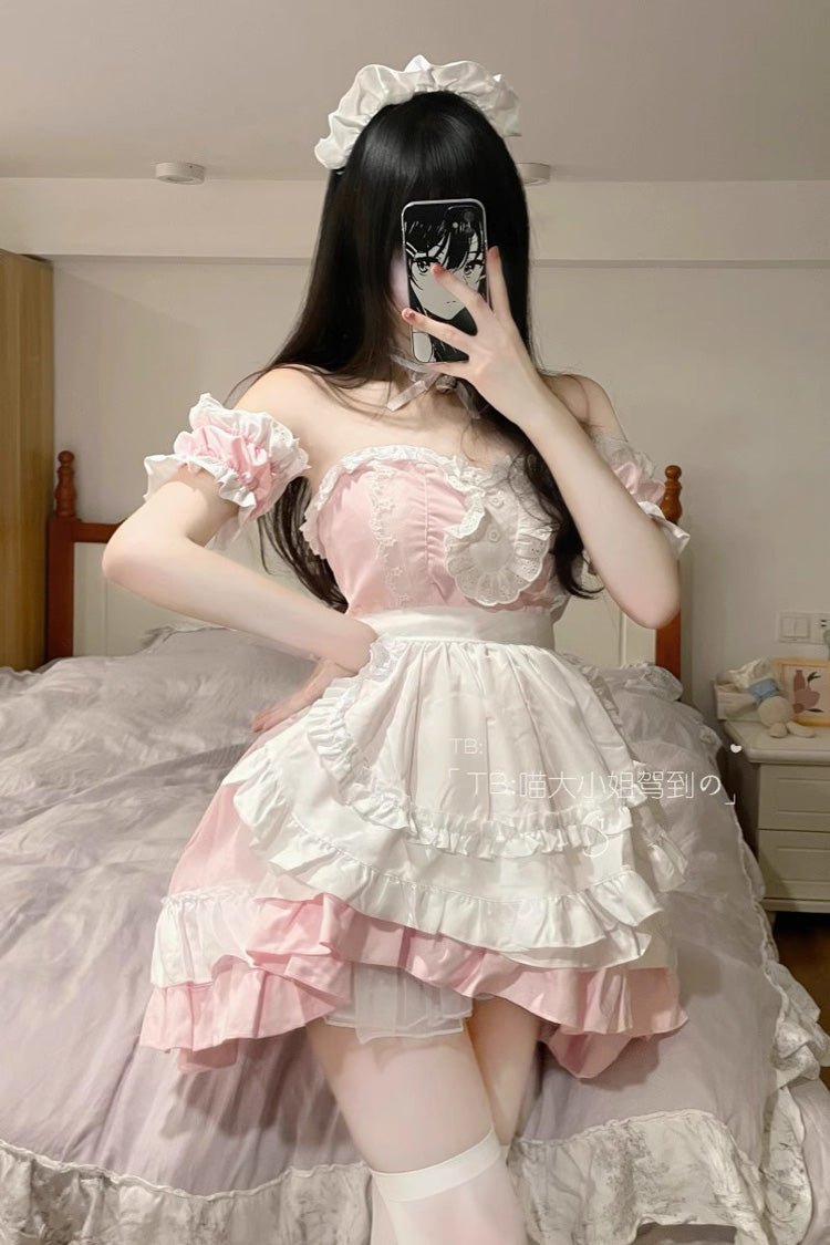 Lolita Dress - Maid Off Shoulder, Pink, Plus Size, Sweet Style, Ruffled - main product image