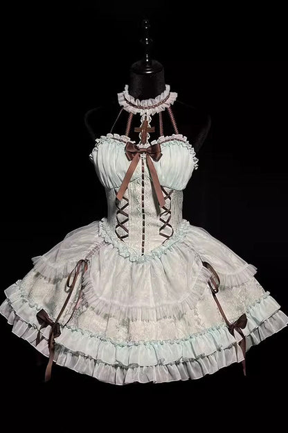Lolita Dress - Mint Green, Green, Lace Trim, Ruffled, Lace-Up - additional product view 3