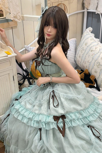 Lolita Dress - Mint Green, Green, Lace Trim, Ruffled, Lace-Up - additional product view 4