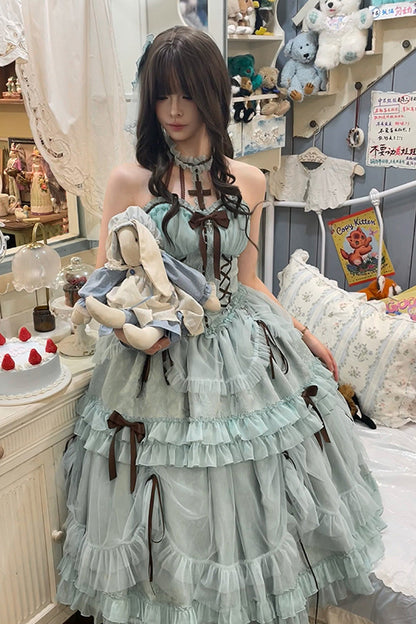 Lolita Dress - Mint Green, Green, Lace Trim, Ruffled, Lace-Up - additional product view 7