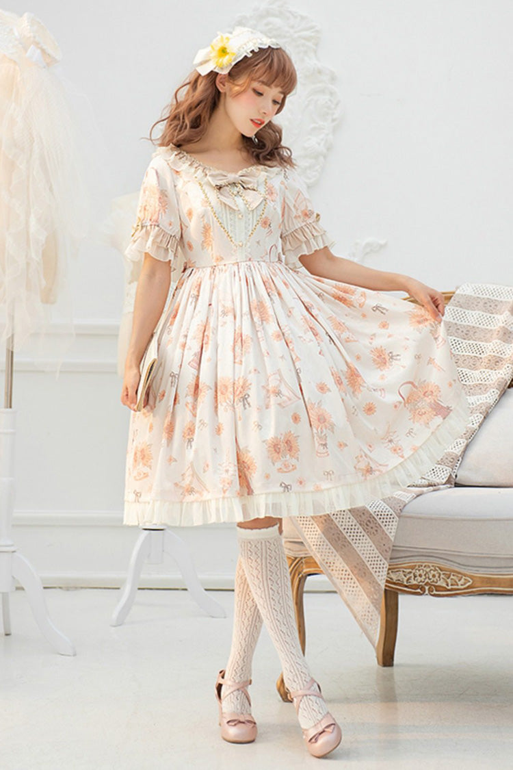 Lolita Dress - Miss Sunflower, Ivory, Bow Detail, Ruffled, Printed - main product image