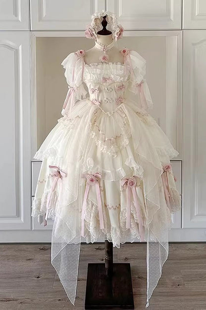 Lolita Dress - Mist And Tulle, White, Square Collar, Sweet Style, Bow Detail - additional product view 2