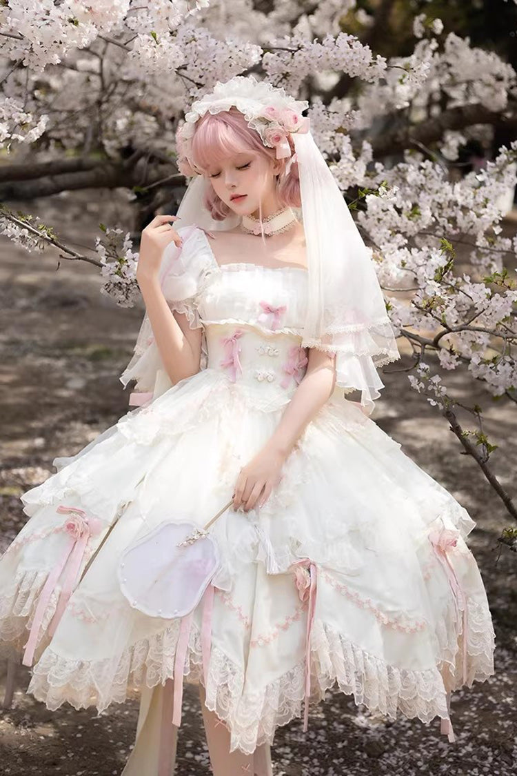 Lolita Dress - Mist And Tulle, White, Square Collar, Sweet Style, Bow Detail - additional product view 3