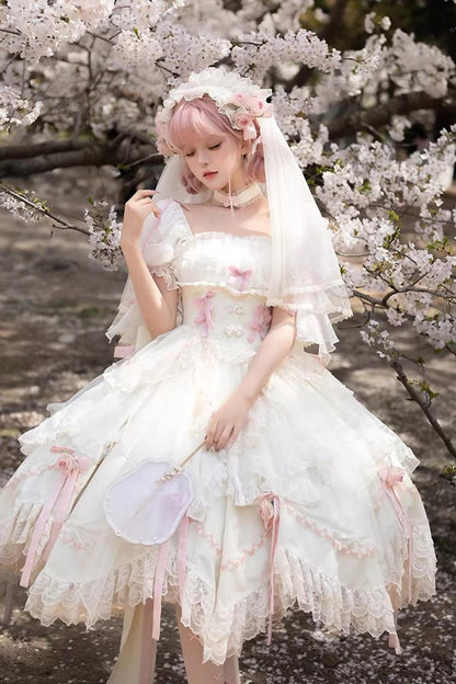 Lolita Dress - Mist And Tulle, White, Square Collar, Sweet Style, Bow Detail - additional product view 3