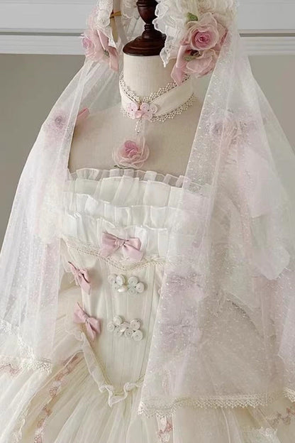 Lolita Dress - Mist And Tulle, White, Square Collar, Sweet Style, Bow Detail - additional product view 4