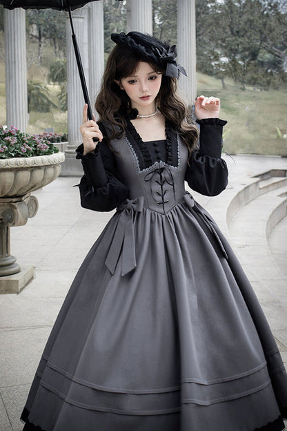 Lolita Dress - Mist Chronicle, Gray, Square Collar, Lace-Up, Long Sleeves - additional product view 4
