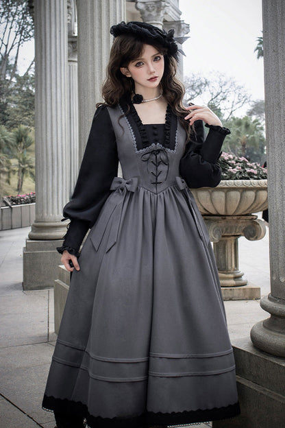 Lolita Dress - Mist Chronicle, Gray, Square Collar, Lace-Up, Long Sleeves - additional product view 5