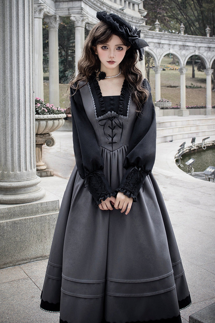 Lolita Dress - Mist Chronicle, Gray, Square Collar, Lace-Up, Long Sleeves - additional product view 7