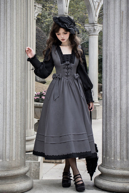 Lolita Dress - Mist Chronicle, Gray, Square Collar, Lace-Up, Long Sleeves - additional product view 9