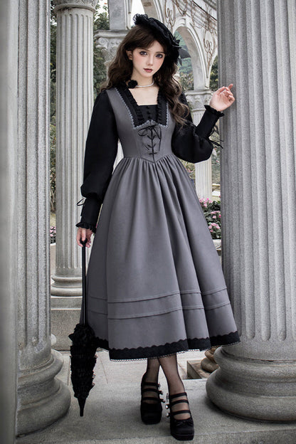 Lolita Dress - Mist Chronicle, Gray, Square Collar, Lace-Up, Long Sleeves - additional product view 12