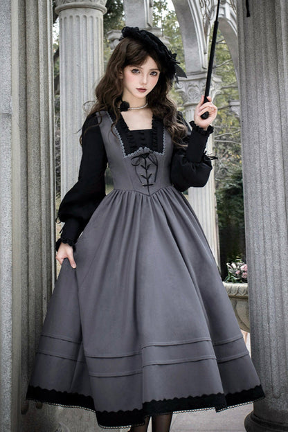 Lolita Dress - Mist Chronicle, Gray, Square Collar, Lace-Up, Long Sleeves - additional product view 13