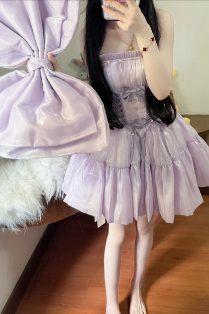 Lolita Dress - Moon-white & Star-purple × First, 2 Colors, Lace Trim, Ruffled, Lace-Up - additional product view 4