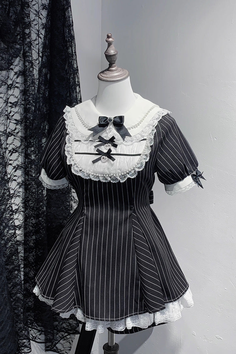 Lolita Dress - Moonlight Whispers, 2 Colors, Plaid, Striped, Bow Detail - S Black-Striped-Print / M Black-Striped-Print / L Black-Striped-Print option
