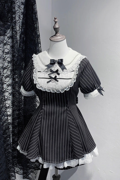 Lolita Dress - Moonlight Whispers, 2 Colors, Plaid, Striped, Bow Detail - S Black-Striped-Print / M Black-Striped-Print / L Black-Striped-Print option