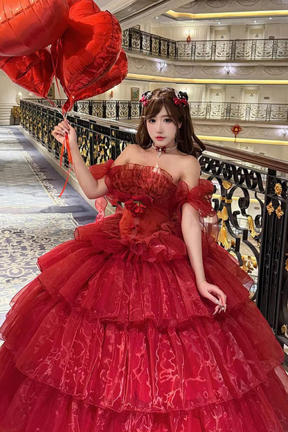 Lolita Dress - Mousse Love Song, Red, Bow Detail, Ruffled, Layered - additional product view 4