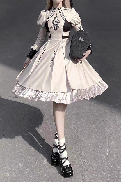 Lolita Dress - Multi-layer Moon Talisman Print, White, Ruffled, Printed, Long Sleeves - additional product view 3