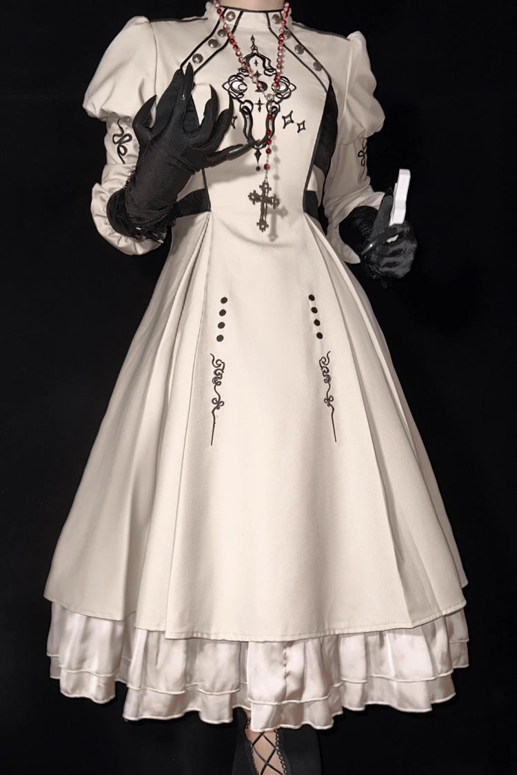 Lolita Dress - Multi-layer Moon Talisman Print, White, Ruffled, Printed, Long Sleeves - main product image