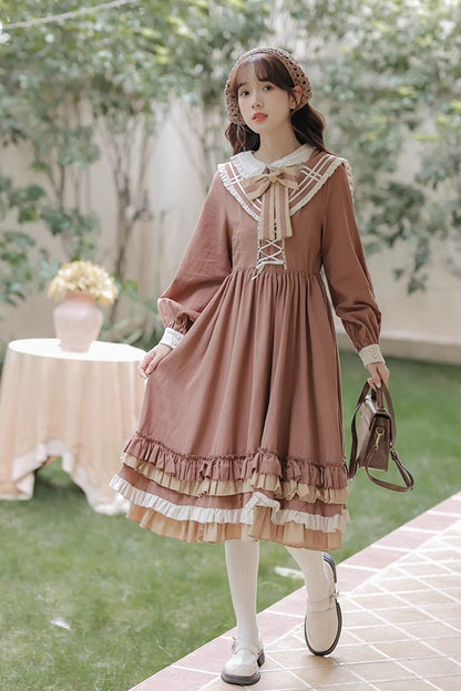 Lolita Dress - Multi-layer Ruffle Two Fake, Brown, Sweet Style, Ruffled, Long Sleeves - additional product view 2