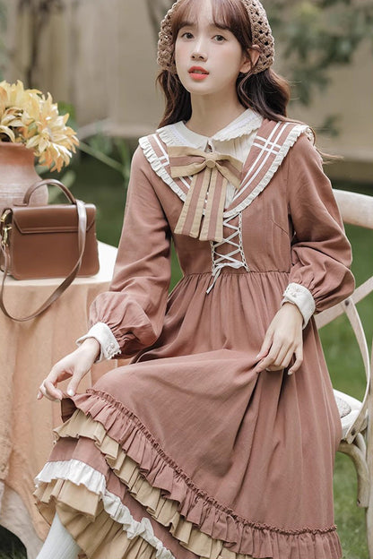 Lolita Dress - Multi-layer Ruffle Two Fake, Brown, Sweet Style, Ruffled, Long Sleeves - additional product view 3