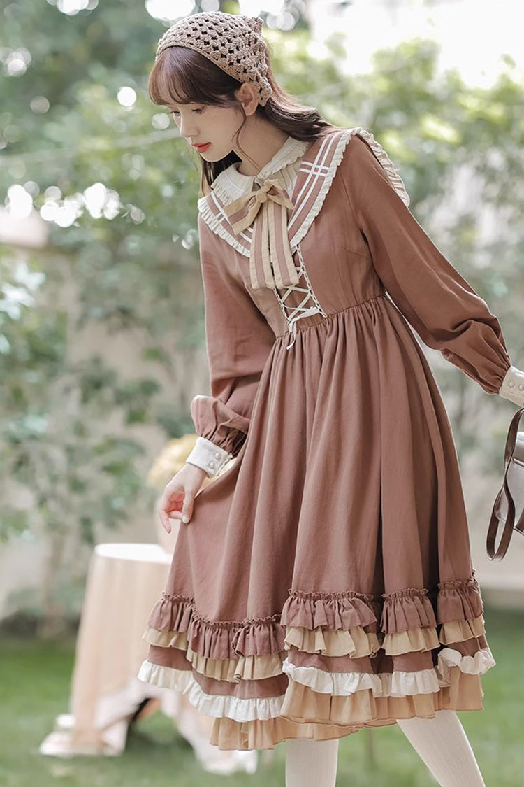 Lolita Dress - Multi-layer Ruffle Two Fake, Brown, Sweet Style, Ruffled, Long Sleeves - additional product view 4
