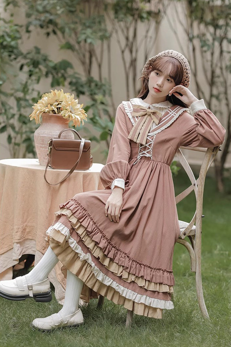 Lolita Dress - Multi-layer Ruffle Two Fake, Brown, Sweet Style, Ruffled, Long Sleeves - additional product view 5