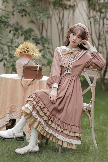 Lolita Dress - Multi-layer Ruffle Two Fake, Brown, Sweet Style, Ruffled, Long Sleeves - additional product view 5