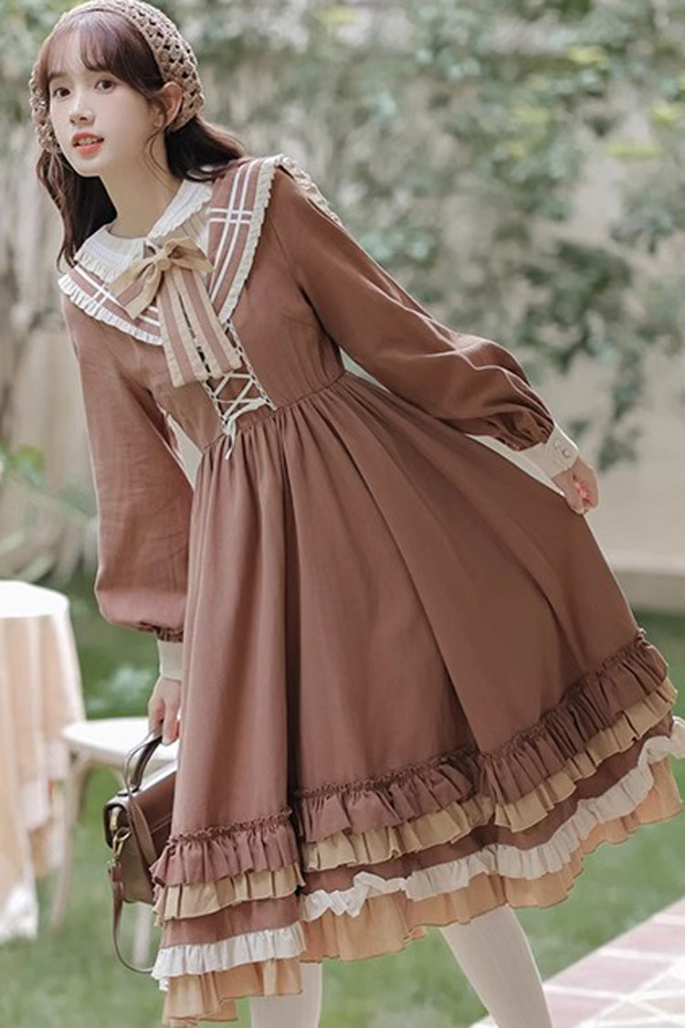 Lolita Dress - Multi-layer Ruffle Two Fake, Brown, Sweet Style, Ruffled, Long Sleeves - additional product view 7