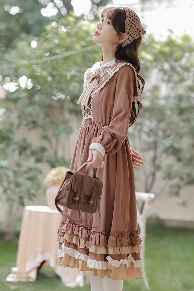 Lolita Dress - Multi-layer Ruffle Two Fake, Brown, Sweet Style, Ruffled, Long Sleeves - additional product view 9