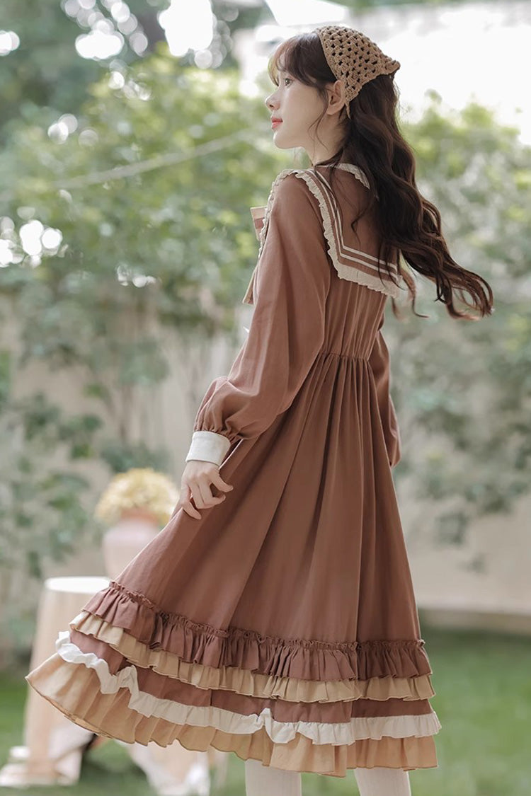 Lolita Dress - Multi-layer Ruffle Two Fake, Brown, Sweet Style, Ruffled, Long Sleeves - additional product view 11